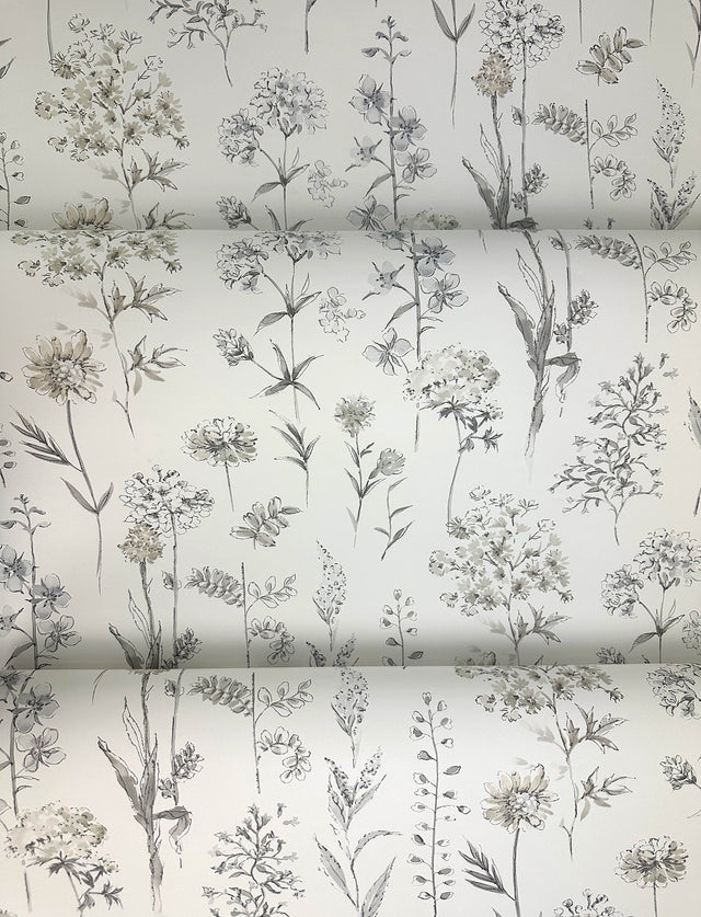 Bergamot Light Grey Wildflower Wallpaper with Botanical Watercolor Floral Motif - Chesapeake 4134-72501