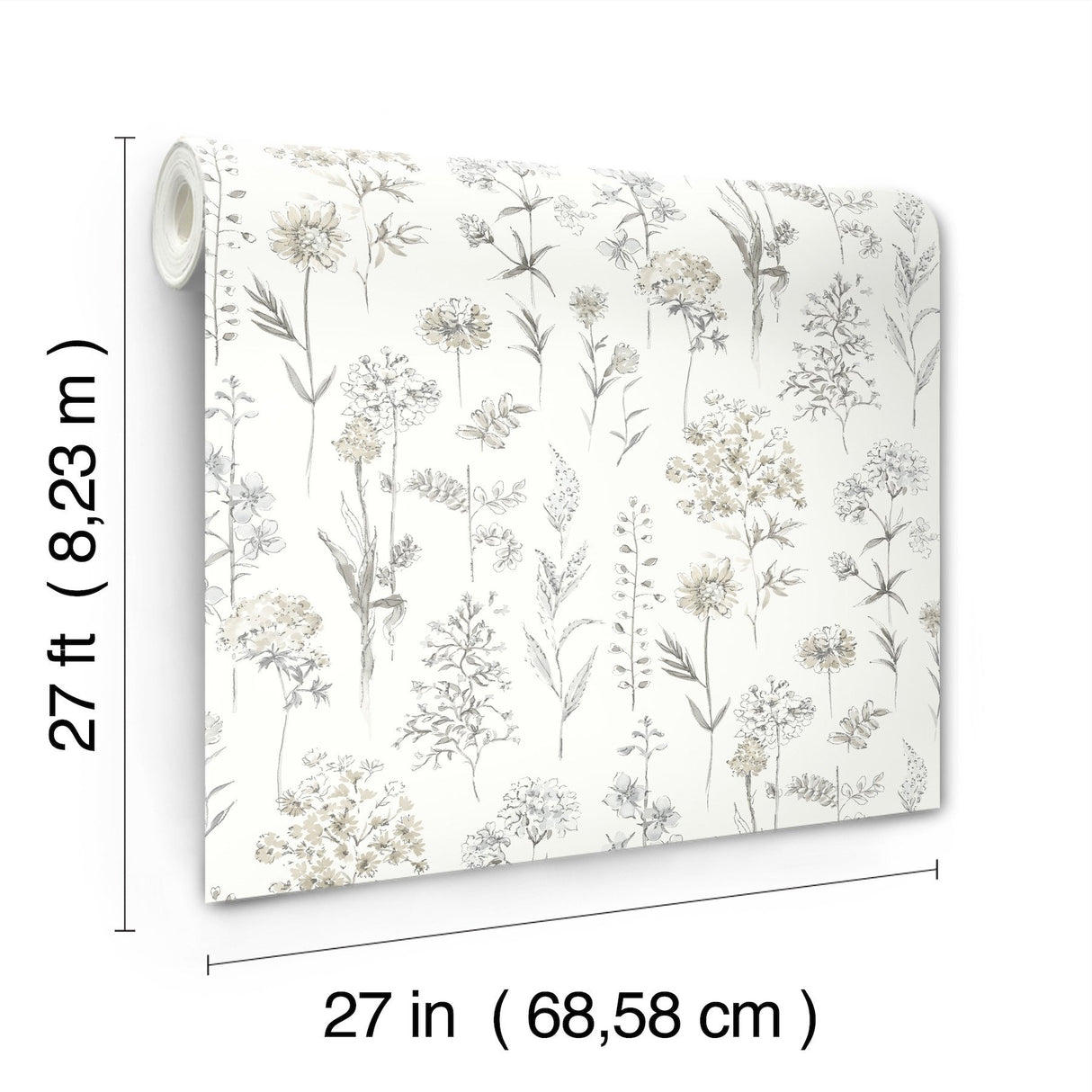 Bergamot Light Grey Wildflower Wallpaper with Botanical Watercolor Floral Motif - Chesapeake 4134-72501
