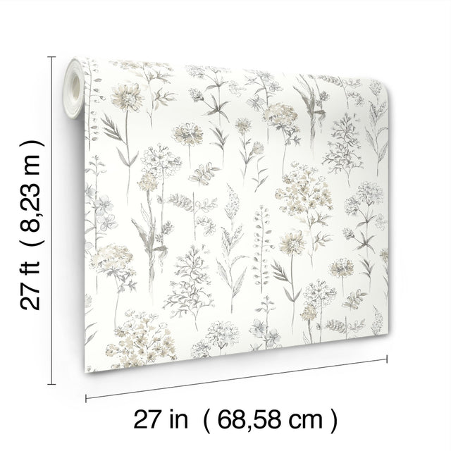Bergamot Light Grey Wildflower Wallpaper with Botanical Watercolor Floral Motif - Chesapeake 4134-72501