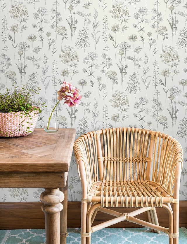 Bergamot Light Grey Wildflower Wallpaper with Botanical Watercolor Floral Motif - Chesapeake 4134-72501