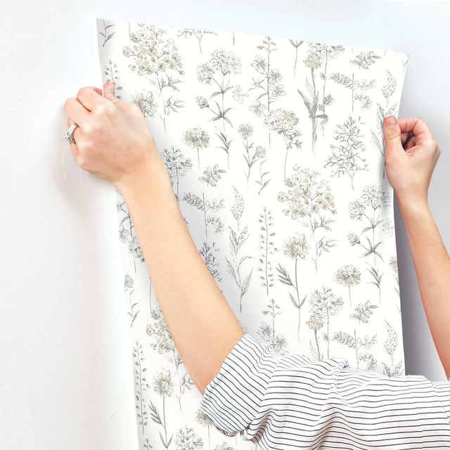 Bergamot Light Grey Wildflower Wallpaper with Botanical Watercolor Floral Motif - Chesapeake 4134-72501