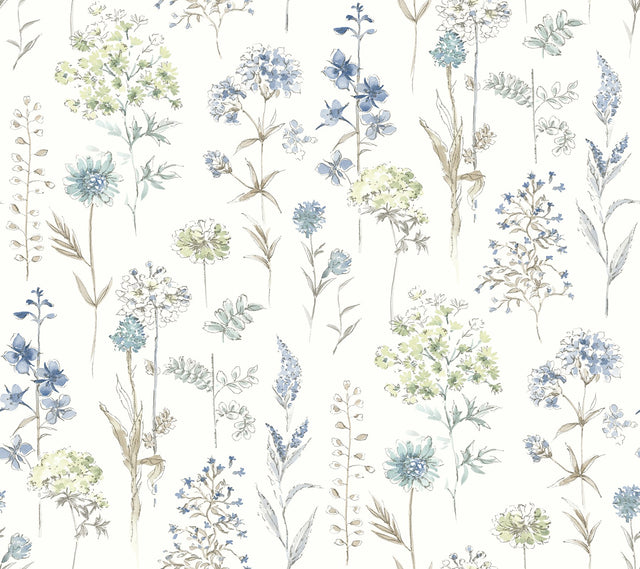 Bergamot Sea Green Wildflower Wallpaper with Botanical Floral Motif - Chesapeake 4134-72502