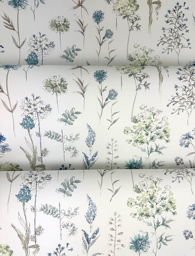 Bergamot Sea Green Wildflower Wallpaper with Botanical Floral Motif - Chesapeake 4134-72502
