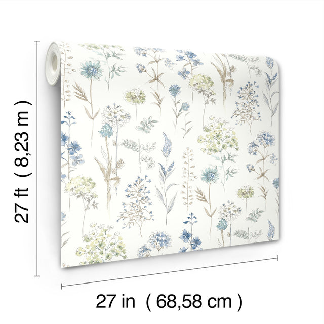 Bergamot Sea Green Wildflower Wallpaper with Botanical Floral Motif - Chesapeake 4134-72502