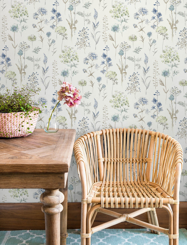 Bergamot Sea Green Wildflower Wallpaper with Botanical Floral Motif - Chesapeake 4134-72502