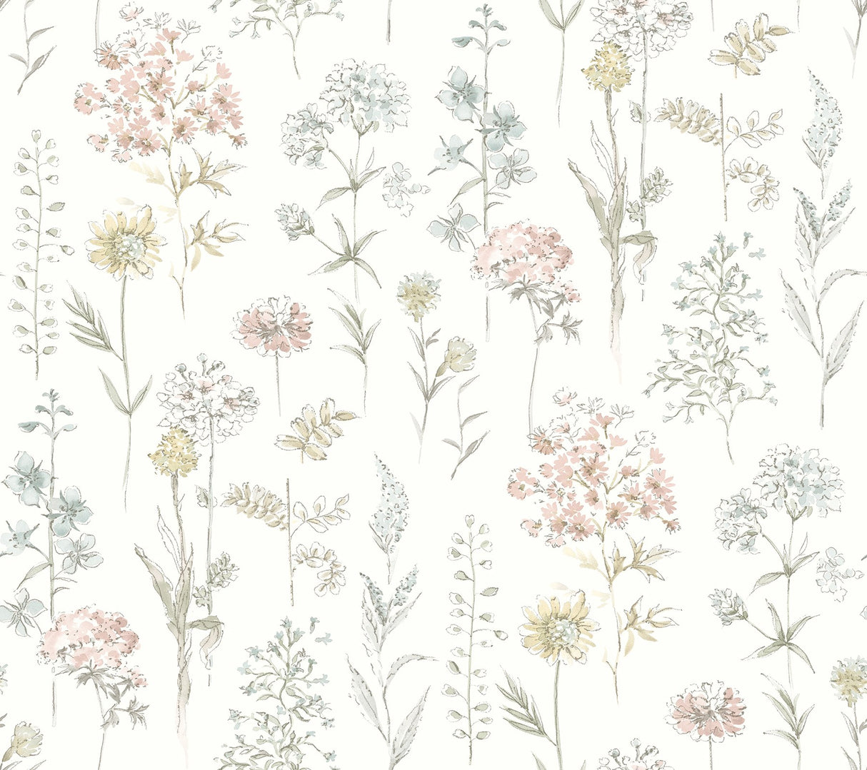 Bergamot Pastel Wildflower Wallpaper with Watercolor Botanical Pattern, Country Style - Chesapeake 4134-72503