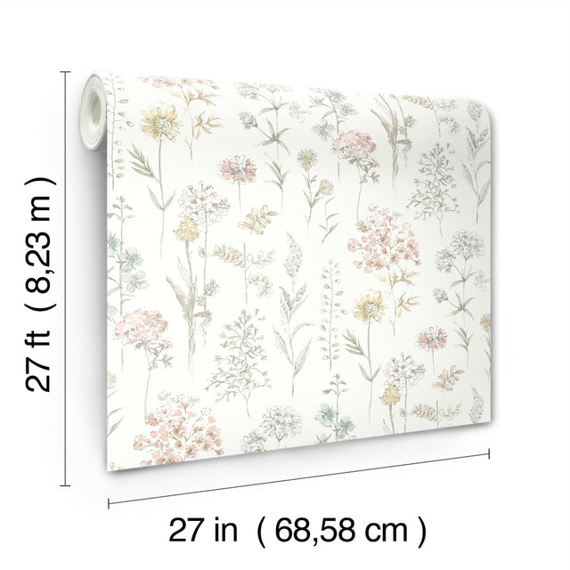 Bergamot Pastel Wildflower Wallpaper with Watercolor Botanical Pattern, Country Style - Chesapeake 4134-72503