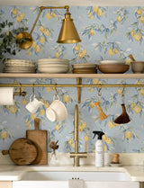 Lemonade Light Blue Citrus Wallpaper with Farmhouse Fruit Motif - Chesapeake 4134-72506