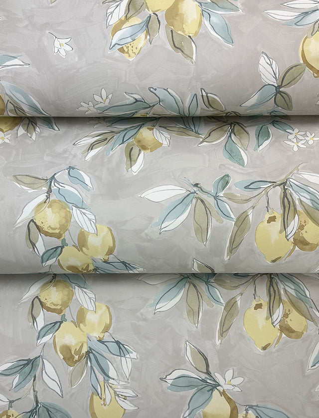Lemonade Grey Citrus Wallpaper with Farmhouse Fruit Motif - Chesapeake 4134-72507