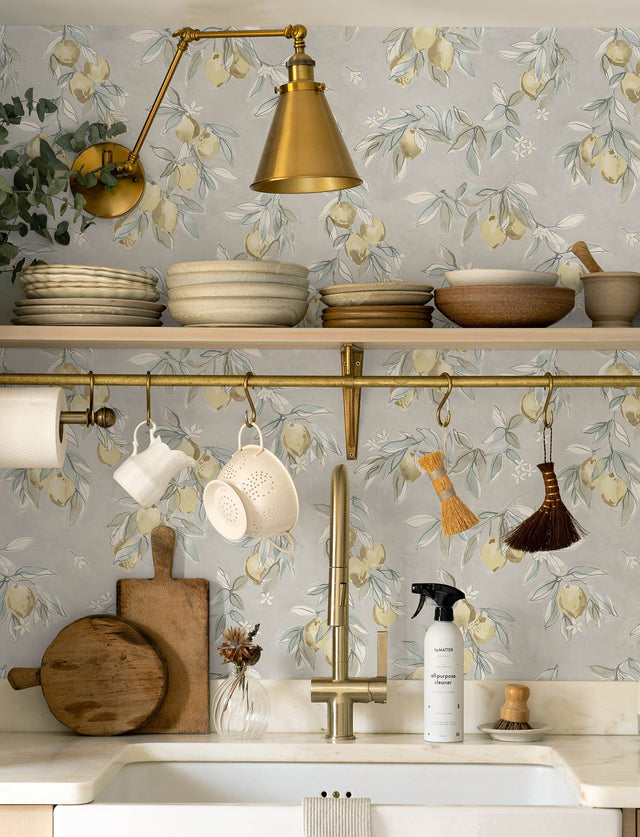 Lemonade Grey Citrus Wallpaper with Farmhouse Fruit Motif - Chesapeake 4134-72507