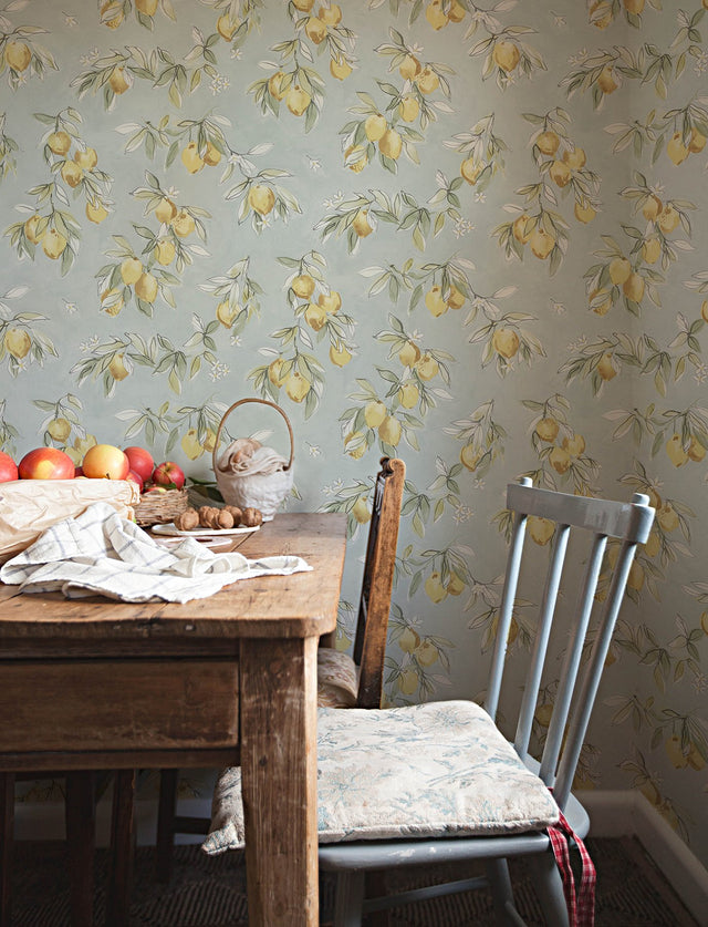 Lemonade Aqua Citrus Wallpaper with Farmhouse Fruit Motif - Chesapeake 4134-72508