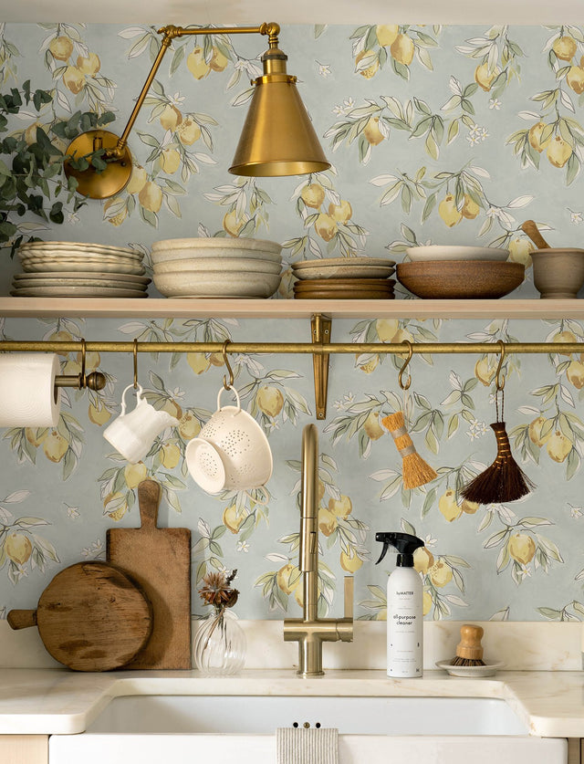 Lemonade Aqua Citrus Wallpaper with Farmhouse Fruit Motif - Chesapeake 4134-72508