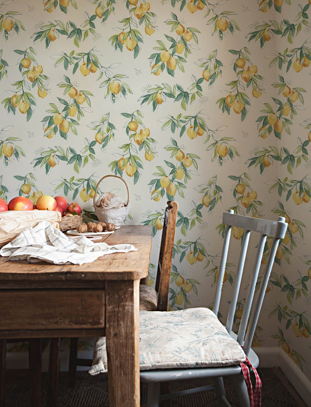 Lemonade Yellow Citrus Wallpaper with Farmhouse Fruit Botanical Motif - Chesapeake 4134-72510
