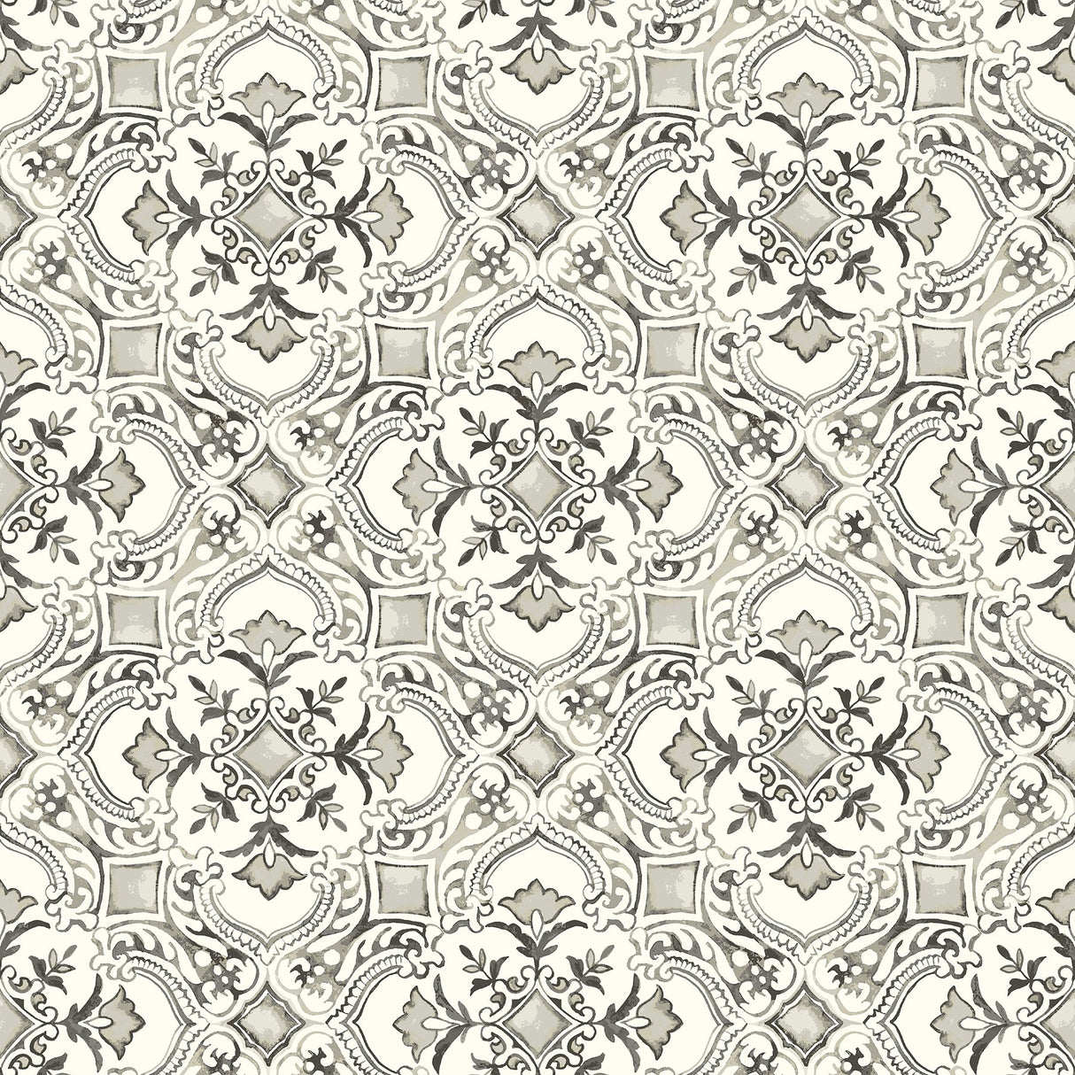 Marjoram Black Floral Tile Wallpaper with Global Geometric Motif - Chesapeake 4134-72512