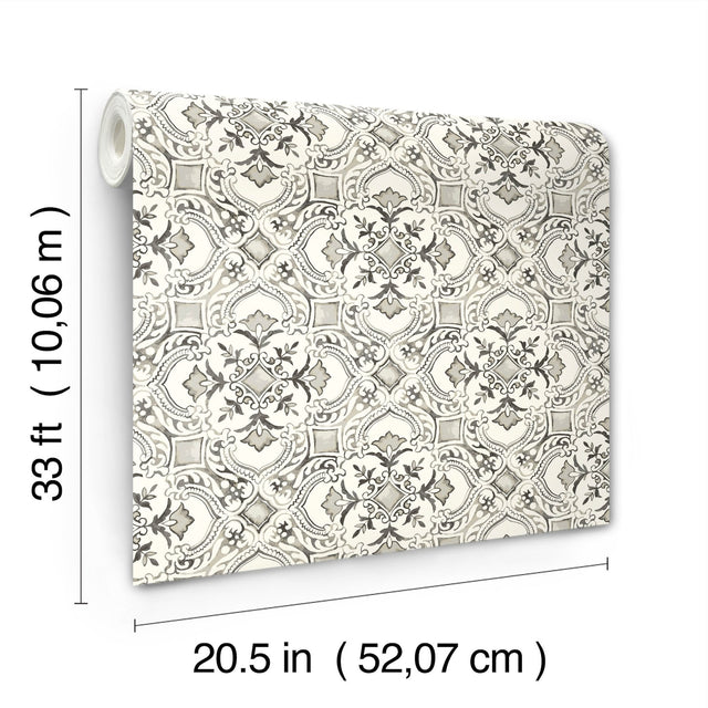 Marjoram Black Floral Tile Wallpaper with Global Geometric Motif - Chesapeake 4134-72512