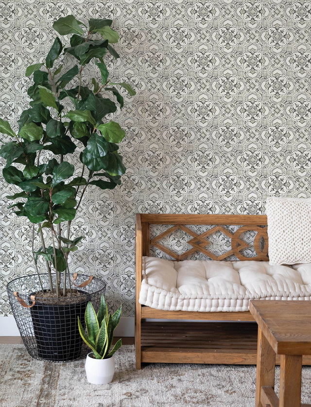 Marjoram Black Floral Tile Wallpaper with Global Geometric Motif - Chesapeake 4134-72512