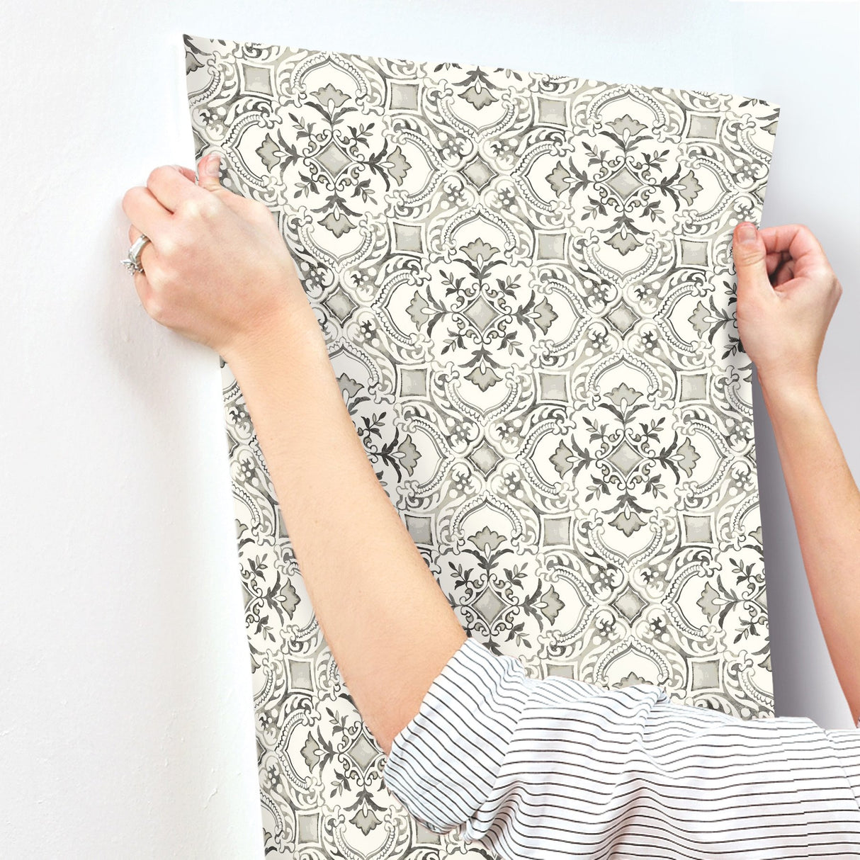 Marjoram Black Floral Tile Wallpaper with Global Geometric Motif - Chesapeake 4134-72512