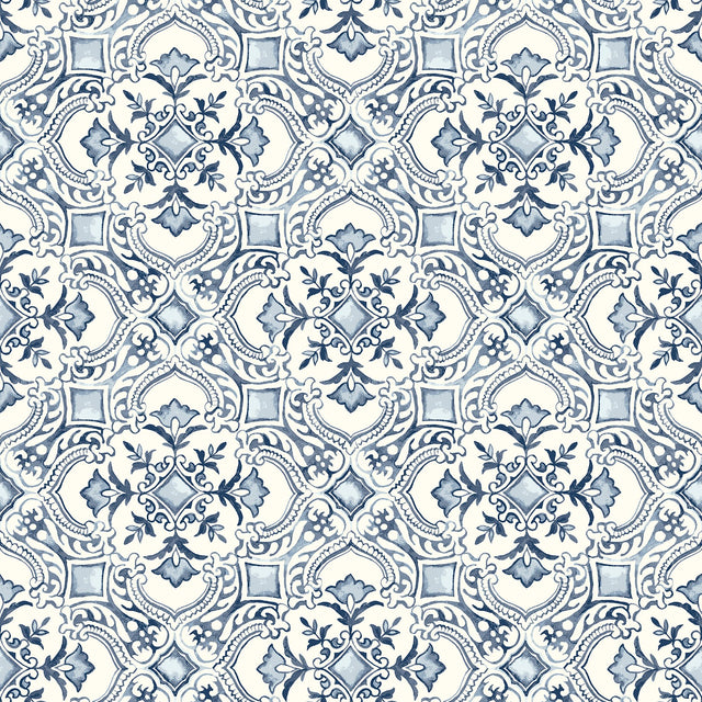 Marjoram Blue Floral Tile Wallpaper with Global Geometric Motif - Chesapeake 4134-72513