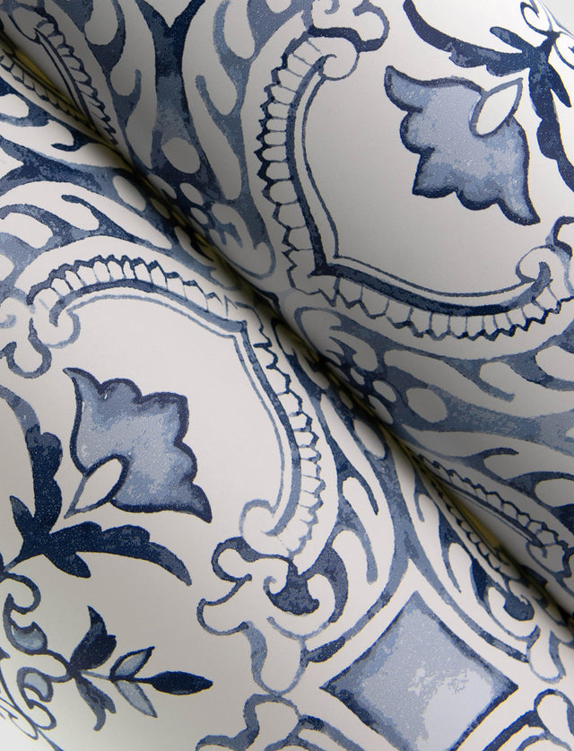 Marjoram Blue Floral Tile Wallpaper with Global Geometric Motif - Chesapeake 4134-72513