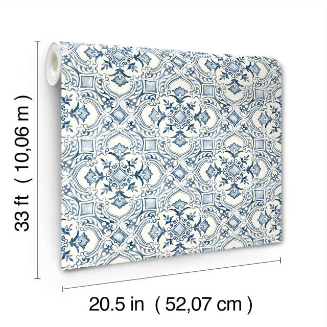 Marjoram Blue Floral Tile Wallpaper with Global Geometric Motif - Chesapeake 4134-72513