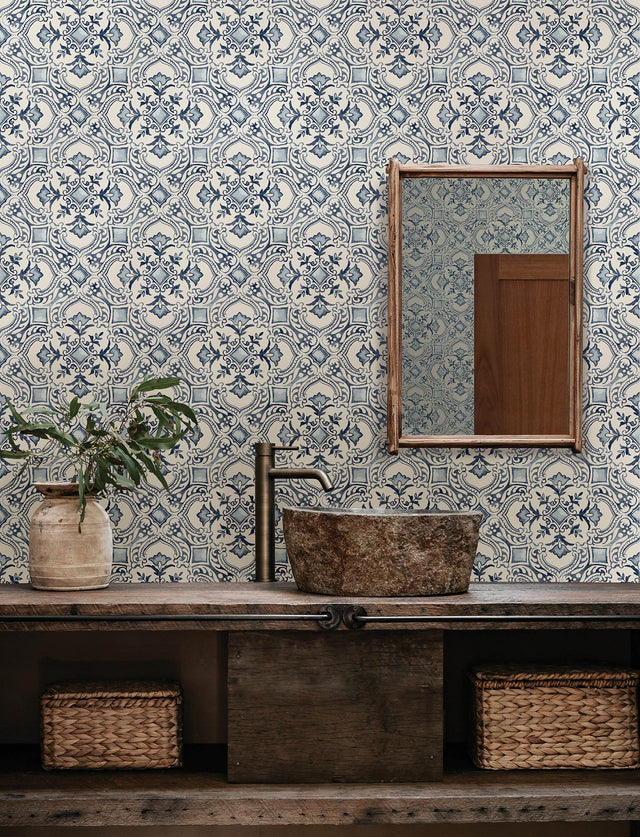 Marjoram Blue Floral Tile Wallpaper with Global Geometric Motif - Chesapeake 4134-72513