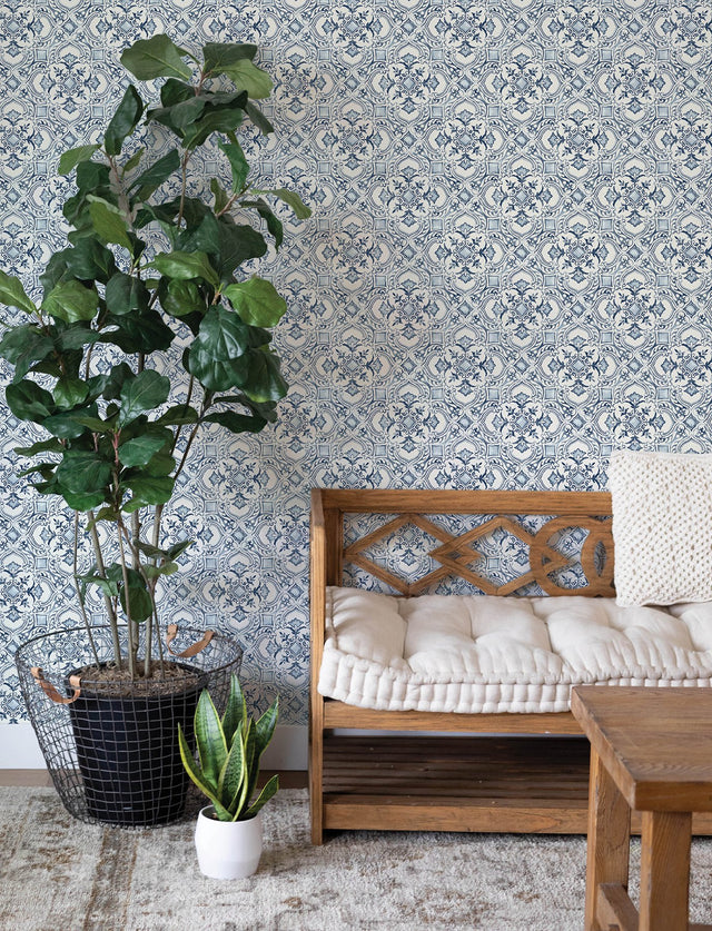 Marjoram Blue Floral Tile Wallpaper with Global Geometric Motif - Chesapeake 4134-72513