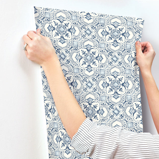 Marjoram Blue Floral Tile Wallpaper with Global Geometric Motif - Chesapeake 4134-72513
