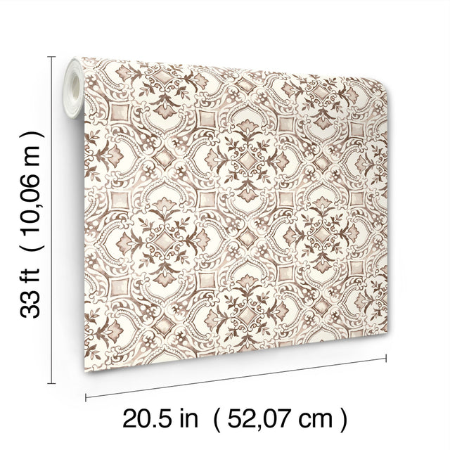 Marjoram Blush Floral Tile Wallpaper with Global Geometric Motif - Chesapeake 4134-72514
