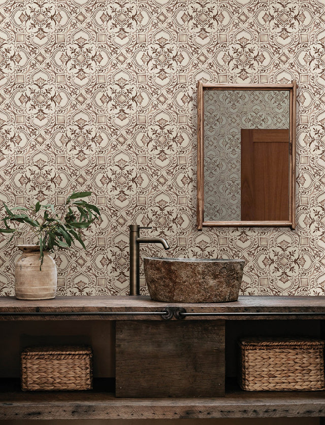 Marjoram Blush Floral Tile Wallpaper with Global Geometric Motif - Chesapeake 4134-72514
