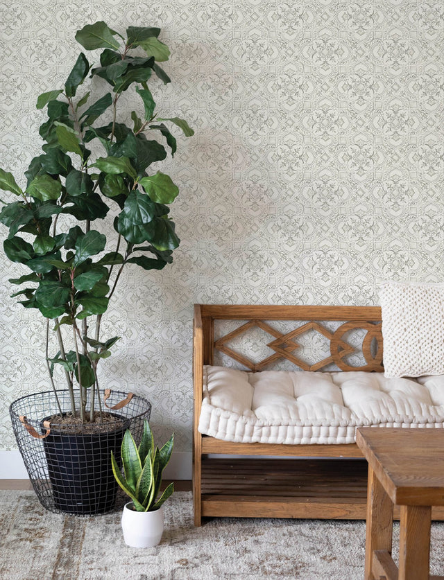 Marjoram Blush Floral Tile Wallpaper with Global Geometric Motif - Chesapeake 4134-72514