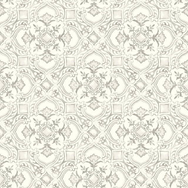 Marjoram Light Grey Floral Tile Wallpaper with Global Geometric Motif - Chesapeake 4134-72515