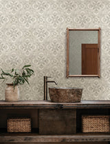 Marjoram Light Grey Floral Tile Wallpaper with Global Geometric Motif - Chesapeake 4134-72515