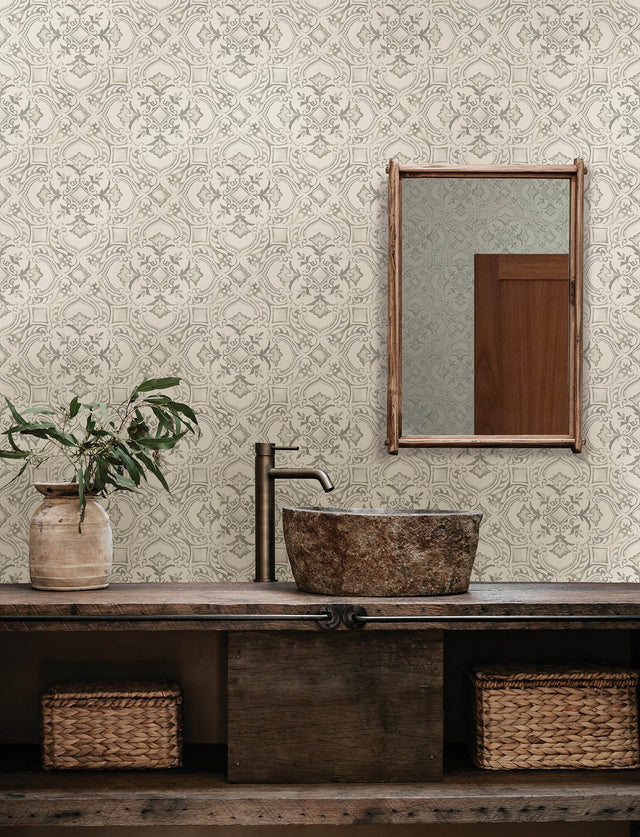 Marjoram Light Grey Floral Tile Wallpaper with Global Geometric Motif - Chesapeake 4134-72515