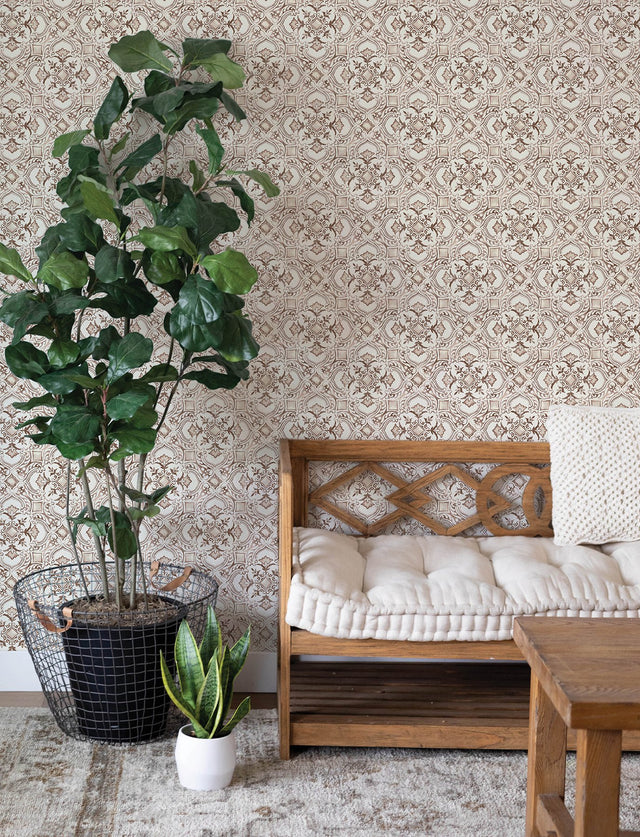 Marjoram Light Grey Floral Tile Wallpaper with Global Geometric Motif - Chesapeake 4134-72515