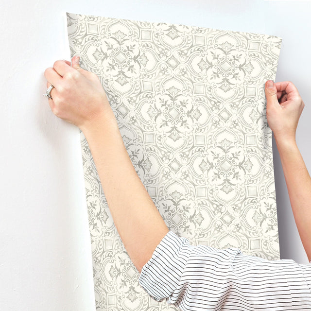 Marjoram Light Grey Floral Tile Wallpaper with Global Geometric Motif - Chesapeake 4134-72515