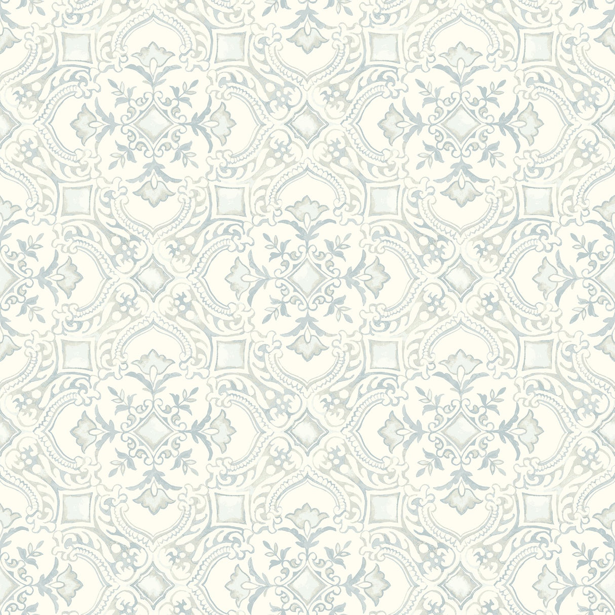 Marjoram Light Blue Floral Tile Wallpaper with Global Geometric Motif - Chesapeake 4134-72516