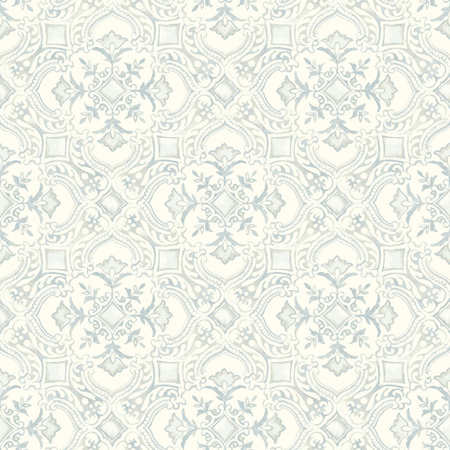 Marjoram Light Blue Floral Tile Wallpaper with Global Geometric Motif - Chesapeake 4134-72516
