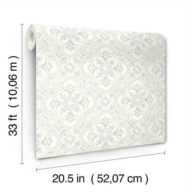 Marjoram Light Blue Floral Tile Wallpaper with Global Geometric Motif - Chesapeake 4134-72516