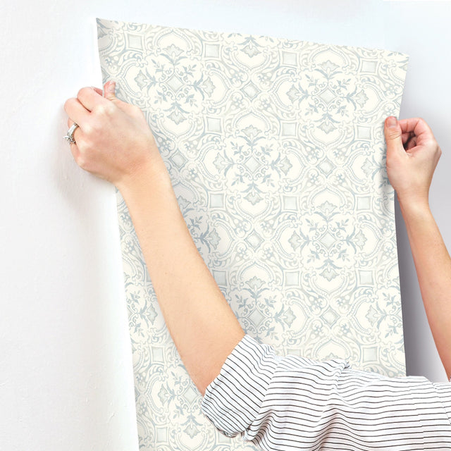 Marjoram Light Blue Floral Tile Wallpaper with Global Geometric Motif - Chesapeake 4134-72516