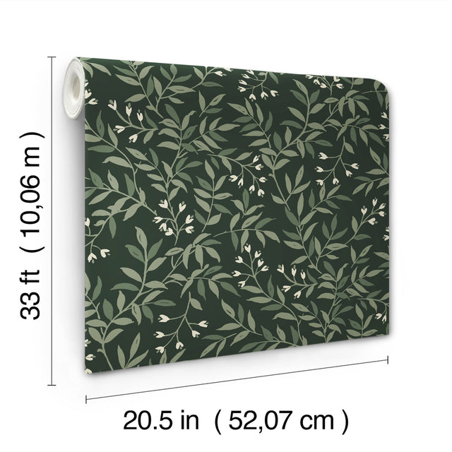 Senna Evergreen Budding Vines Green Wallpaper with Botanical Vine Motif, Farmhouse Style - Chesapeake 4134-72518