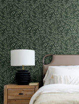 Senna Evergreen Budding Vines Green Wallpaper with Botanical Vine Motif, Farmhouse Style - Chesapeake 4134-72518