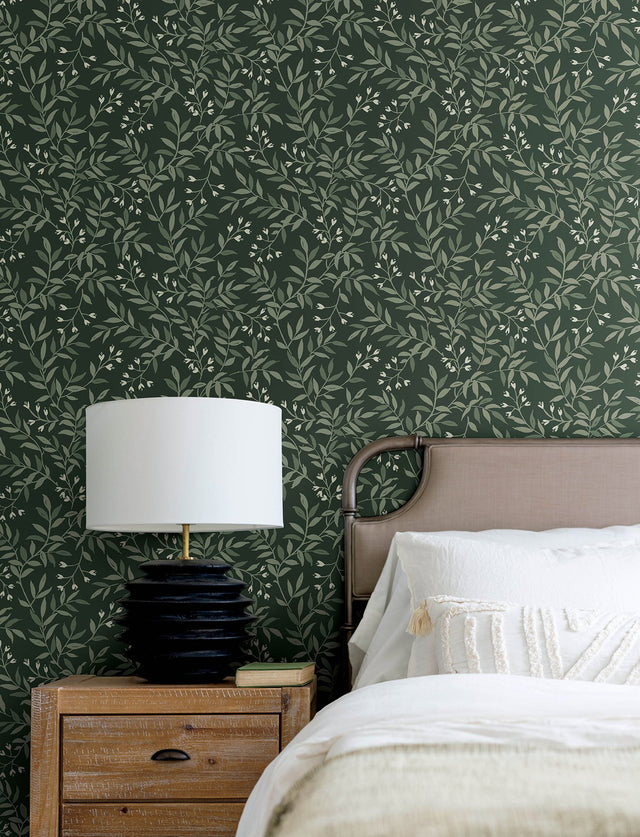 Senna Evergreen Budding Vines Green Wallpaper with Botanical Vine Motif, Farmhouse Style - Chesapeake 4134-72518