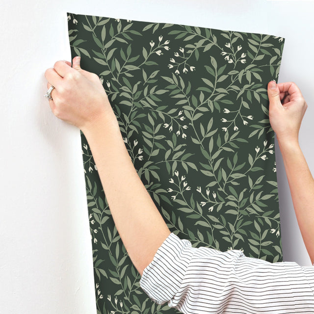 Senna Evergreen Budding Vines Green Wallpaper with Botanical Vine Motif, Farmhouse Style - Chesapeake 4134-72518