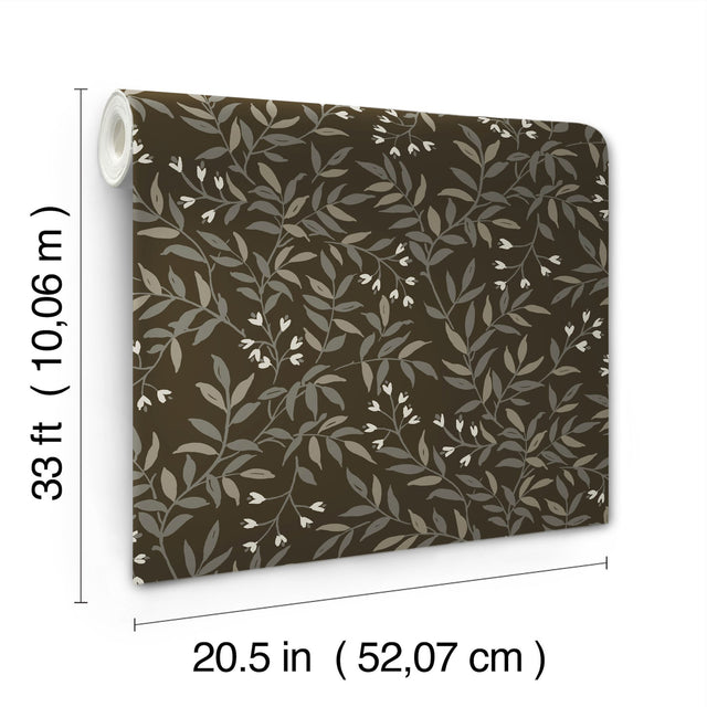 Senna Black Budding Vines Wallpaper with Metallic Botanical Vines - Brewster 4134-72519