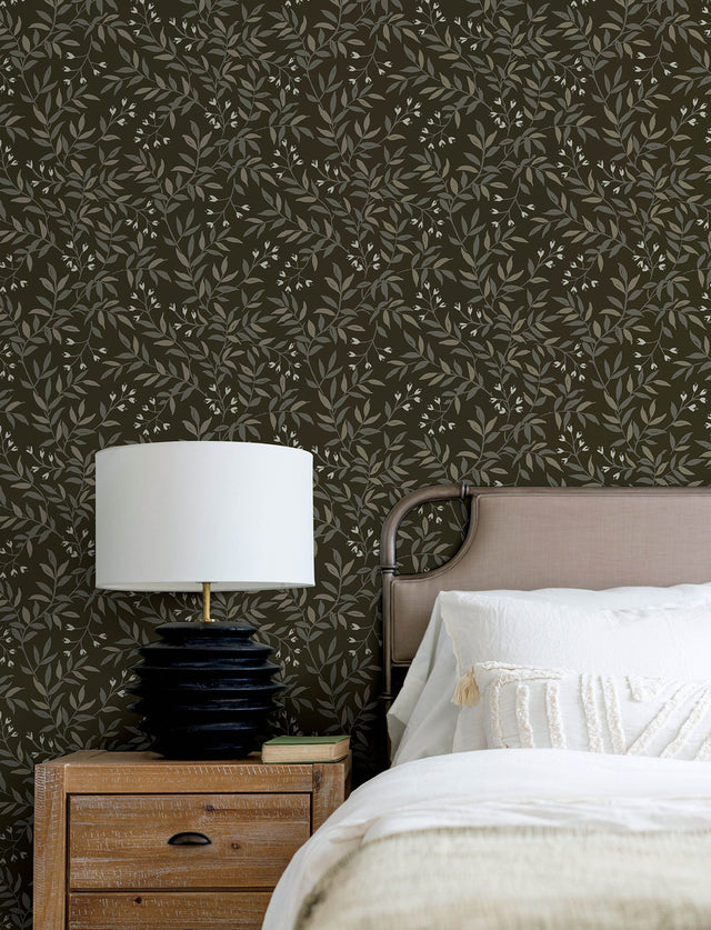 Senna Black Budding Vines Wallpaper with Metallic Botanical Vines - Brewster 4134-72519
