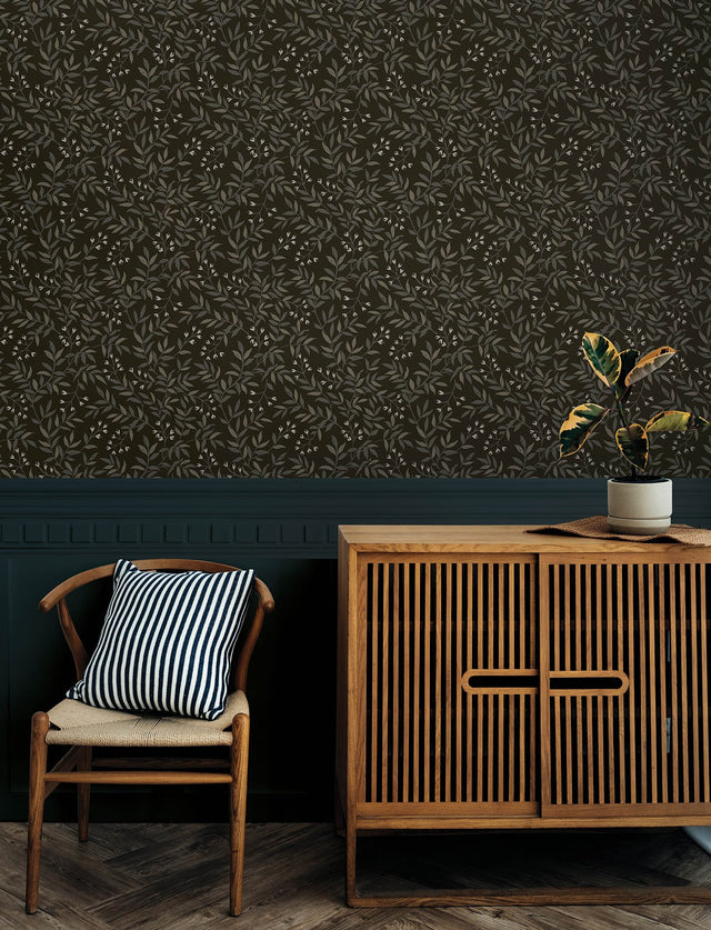 Senna Black Budding Vines Wallpaper with Metallic Botanical Vines - Brewster 4134-72519