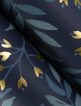 Senna Navy Budding Vines Wallpaper with Metallic Botanical Vine Pattern, Farmhouse Style - Chesapeake 4134-72520