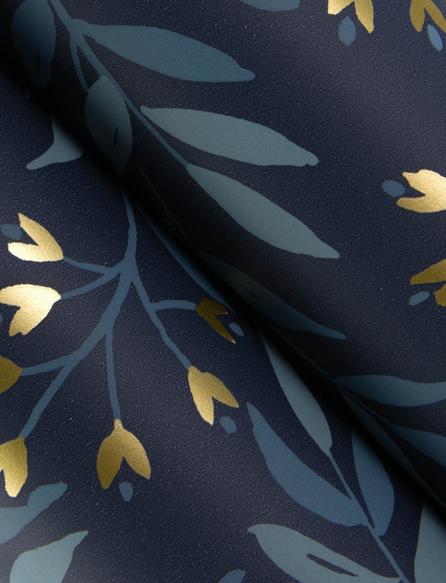 Senna Navy Budding Vines Wallpaper with Metallic Botanical Vine Pattern, Farmhouse Style - Chesapeake 4134-72520