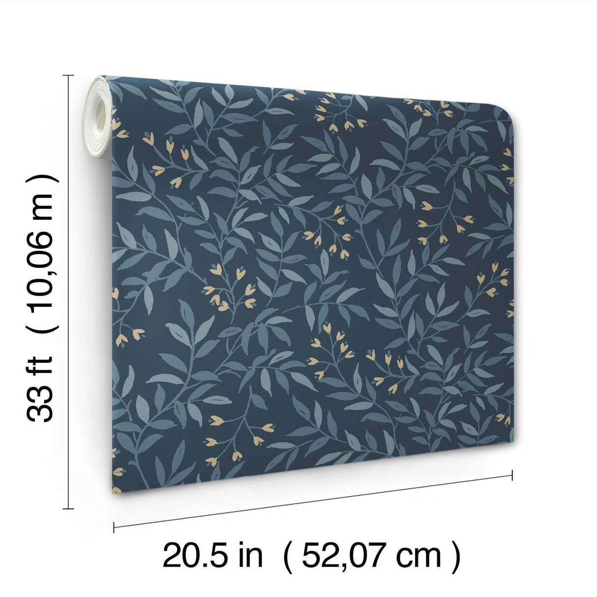 Senna Navy Budding Vines Wallpaper with Metallic Botanical Vine Pattern, Farmhouse Style - Chesapeake 4134-72520