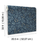 Senna Navy Budding Vines Wallpaper with Metallic Botanical Vine Pattern, Farmhouse Style - Chesapeake 4134-72520